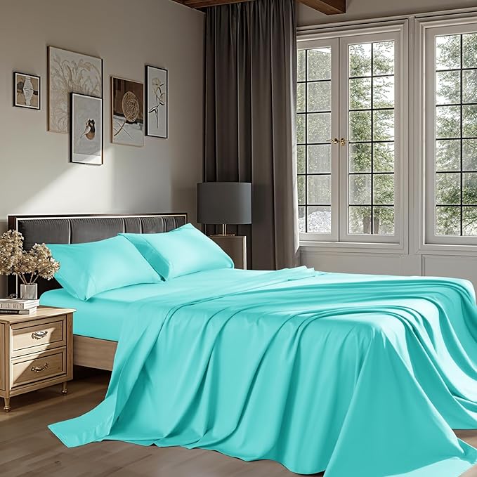 100% Egyptian Cotton Sheets 1200 Thread Count California King Size Bedding Sets 4 Pcs, Fitted Sheet Up to 16" Deep Breathable All Seasons (California King, Lake Green)