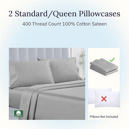 California Design Den Standard Queen Size Pillowcase Set - 400 Thread Count, 100% Cotton Sateen, Set of 2 Pillow Covers, Soft and Breathable - Light Grey