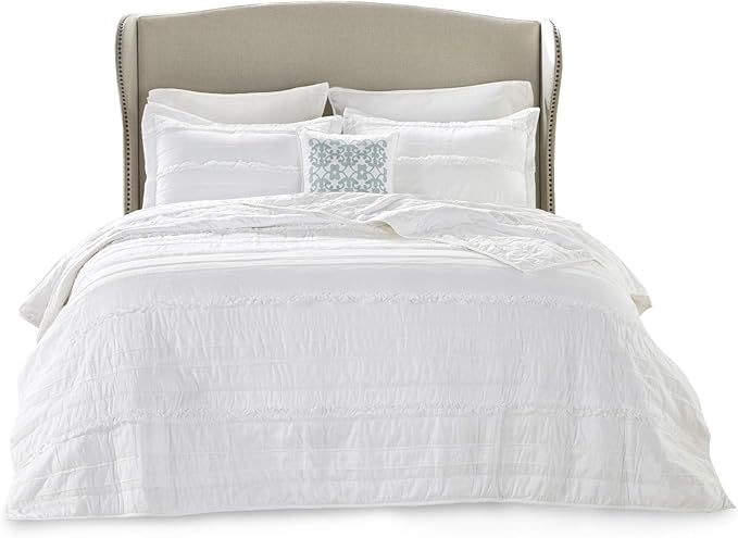 Madison Park Celeste Quilt Modern Classic Design All Season, Breathable Coverlet Lightweight Bedding Set, Matching Shams, Decorative Pillow, King/Cal King(104"x94"), Ruffle White 4 Piece