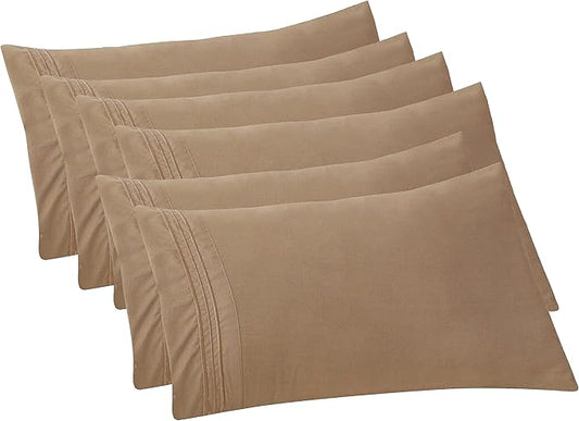 Elegant Comfort 6-PACK Solid Pillowcases 1500 Premium Hotel Quality Microfiber - Smooth Weave, Wrinkle and Stain Resistant, Easy Slip-On, 6-Piece Set, Standard/Queen Pillowcase, Taupe