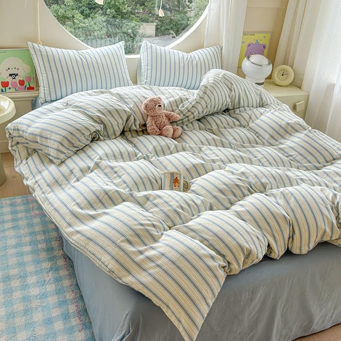 EAVD Vintage Striped Duvet Cover Twin Soft 100% Muslin Cotton Linen Feel Gauze Farmhouse Blue Vertical Striped Pattern Bedding Set for Boy Girl Reversible Geometric Duvet Cover with Zipper Closure