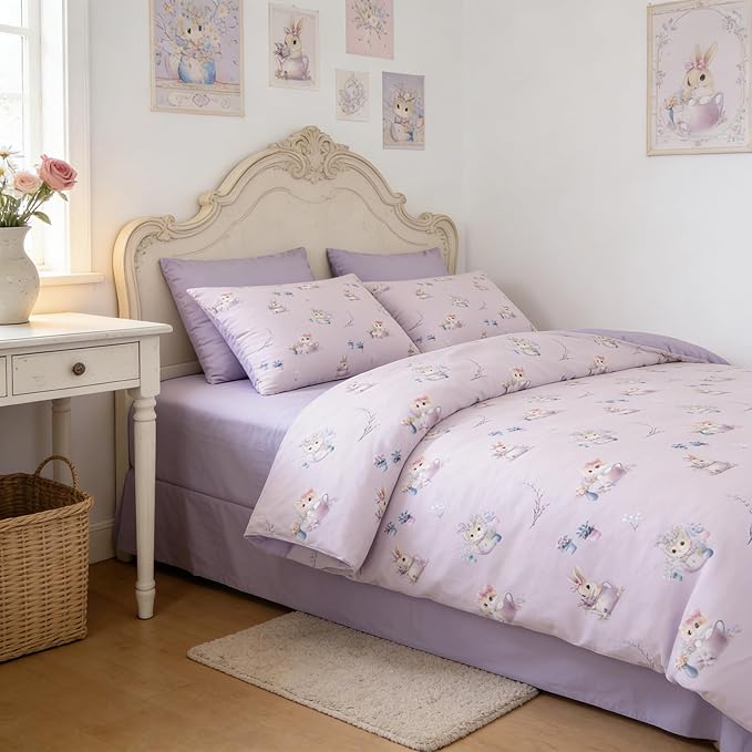 Taro Purple Priness Comforter Set Full Size for Girls, 3Pcs Botanical Floral Bedding for Girly Bedroom Decor, Cute Cat Kitten Comforter Set with 2 Pillowcases, 79"x90"