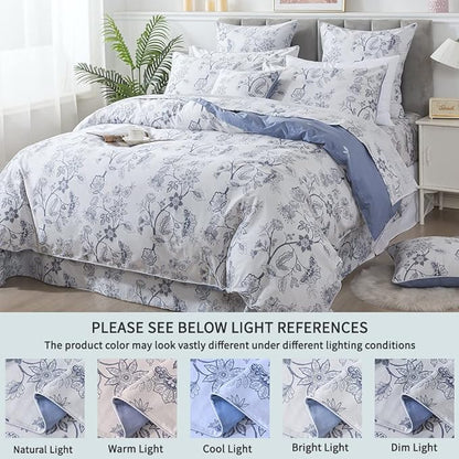 FADFAY Duvet Cover Set Twin Floral Bedding Percale Cotton 600 TC Classical Toile Printed Luxury Reversible Light Blue Shabby Vintage Minimalist Chic Comforter Cover Soft Breathable 3Pcs
