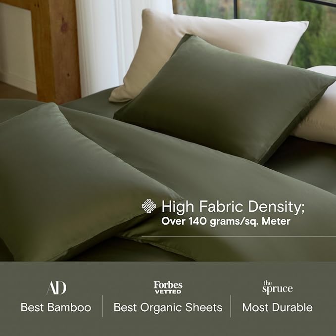DOZ Sheet Set, 100% Viscose derived from Bamboo, Organically Grown, Buttery Soft, Cooling Sheets, High GSM, Deep Pockets - 3 Piece - 1 Pillowcase 1 Fitted 1 Top Sheet (Olive, Twin XL)