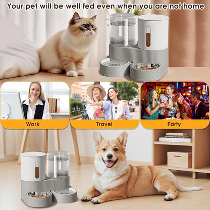 2 in 1 Automatic Gravity Cat Dog Feeder and Water Dispenser with 304 Stainless Steel Bowls, 360 Degree Rotatable Auto Food with 2 Specialized Brushes for Small Medium Pet Dog Puppy Kitten (Gray)