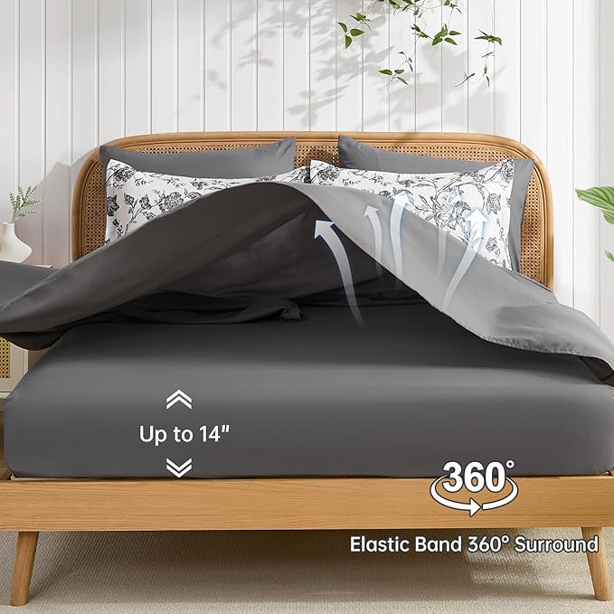Luxudecor Floral Comforter Set King Size 7 Pieces, Dark Grey Flower with Bird Bed in a Bag, Soft Reversible Comforter with Sheet Bed Set 104"x90"