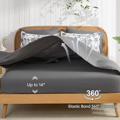 Luxudecor Floral Comforter Set King Size 7 Pieces, Dark Grey Flower with Bird Bed in a Bag, Soft Reversible Comforter with Sheet Bed Set 104"x90"