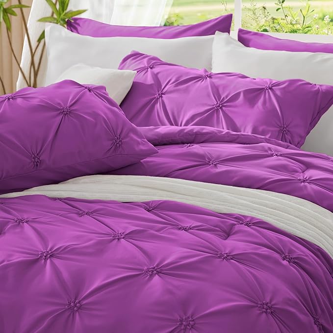 BEDELITE Purple Queen Comforter Set - 3 Pieces Boho Pintuck Bedding Comforter Sets, Lightweight Soft & Warm Bed Comforter Queen with 2 Pillowcases for All Season