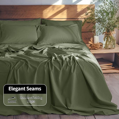 LBRO2M 100% Pure Linen Sheet Set Deep Pocket Up to 16" Bed Sheets Sets, Natural Flax Beddings Soft, Breathable, Comfortable for All Seasons 6 Pcs Sheet Set Cal King Size, Olive Green