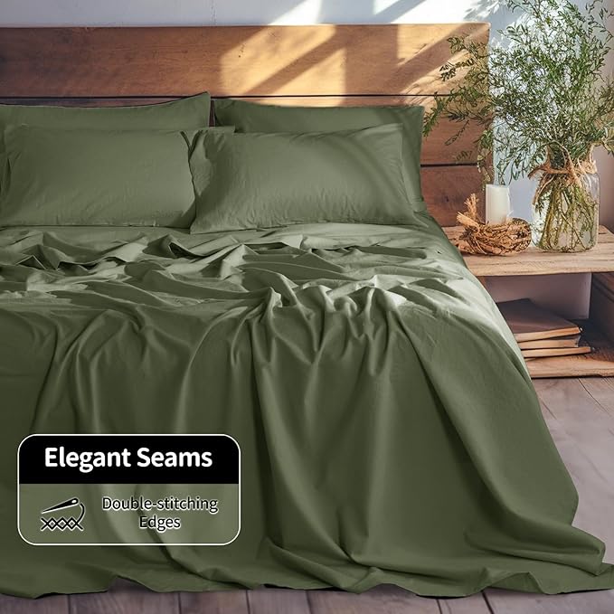LBRO2M 100% Pure Linen Sheet Set Deep Pocket Up to 16" Bed Sheets Sets, Natural Flax Beddings Soft, Breathable, Comfortable for All Seasons 6 Pcs Sheet Set King Size, Olive Green