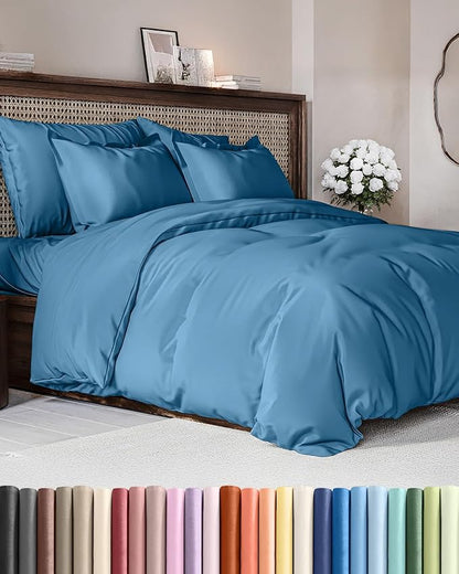 Duvet Cover Cal King Size Set - Extra Soft Cal King Duvet Cover 104" x 98" with 2 Pillow Shams - Hotel Luxury, Easy Care & Fade Free w/ Zipper Closures & Ties - Comfy, Cozy & Breathable (Denim Blue)