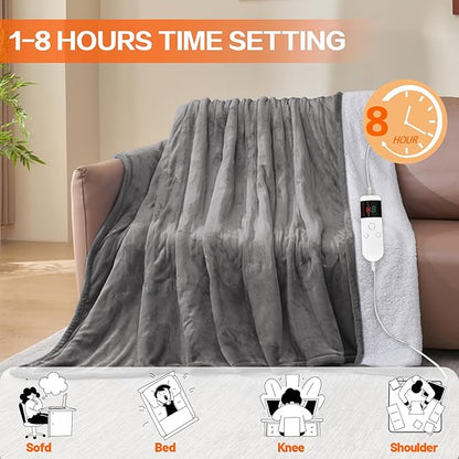 Electric Heated Blanket Throw Size 50''x60''-Control Heating Blanket, Soft & Warm Flannel 10-Level Temperature Control, 8 Hours Auto Off, Rapid Heating & Overheat Protection