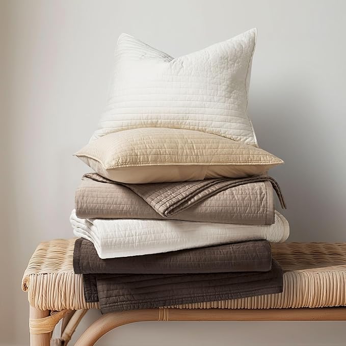 EVERGRACEHOME Cotton Sateen Quilt Set King Size, Pre-Washed Cotton Channel Stitch Coverlet Bedspread, 3 Pieces Lightweight Soft Bedding Sets for All Season, with 2 Pillow Shams, Stone Taupe