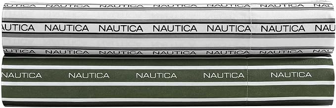 Nautica - Full Sheet Set, Breathable & Cooling Microfiber Bedding with Matching Sham(s), Casual Bedding Set (Striped Nautica Logo Grey, Full)