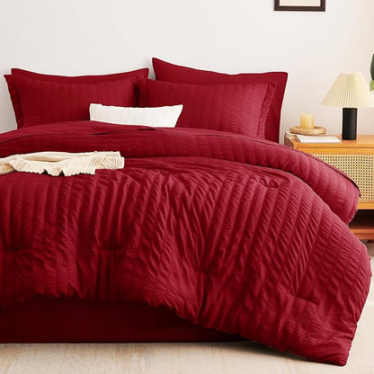 CozyLux Queen Comforter Set Dark Red Seersucker 7 Pieces Bed in a Bag Queen Comforter Set with Sheets, Luxury Soft Bedding Sets with Down Alternative Comforter, Sheets, Pillowcases & Shams All Seasons