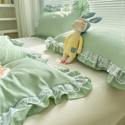 MOOWOO Chic Ruffle Lace Polyester Duvet Cover Set -Girl Green Bedding-3 Piece Full Duvet Cover with Zipper Closure -Ultra Soft and Light Weight