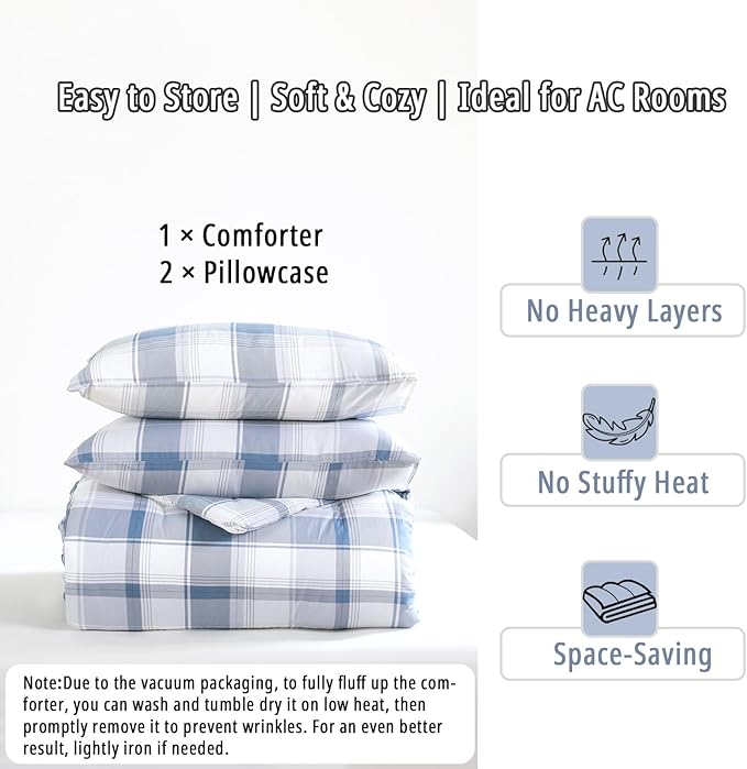 Vintage Cotton Comforter Queen Size 3Pcs - Classic Tartan Plaid Pattern with Denim Blue, Soft Gray and White, Lightweight Bedding Sets with Soft Fill(1 Comfoter 90"×90", 2 Pillowcases)
