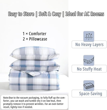 Vintage Cotton Comforter Queen Size 3Pcs - Classic Tartan Plaid Pattern with Denim Blue, Soft Gray and White, Lightweight Bedding Sets with Soft Fill(1 Comfoter 90"×90", 2 Pillowcases)