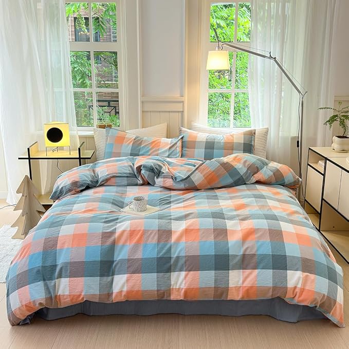 FACE TWO FACE Bedding Duvet Cover Set100% Washed Cotton Duvet Cover Linen Like Textured Breathable Durable Soft Comfy (Queen, Yunxi Powder)
