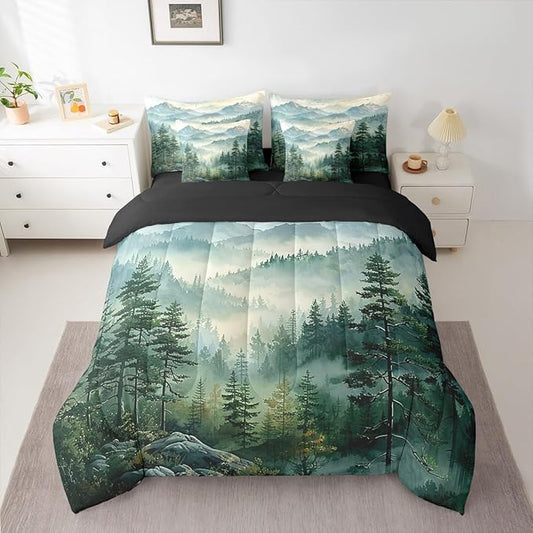 Erosebridal Green Forest Twin Comforter Set with Sheets 7 Piece Woodland Mountain Bed in A Bag Watercolor Pine Tree Bedding Sets for Kids Adults,Nature Aesthetics Bed Set