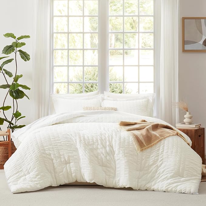 CozyLux Full Size Comforter Sets with Sheets 7 Pieces, Ivory Seersucker Bed in a Bag Textured Luxury Soft Bedding Sets with Down Alternative Comforter, Sheets, Pillowcases & Shams for All Season