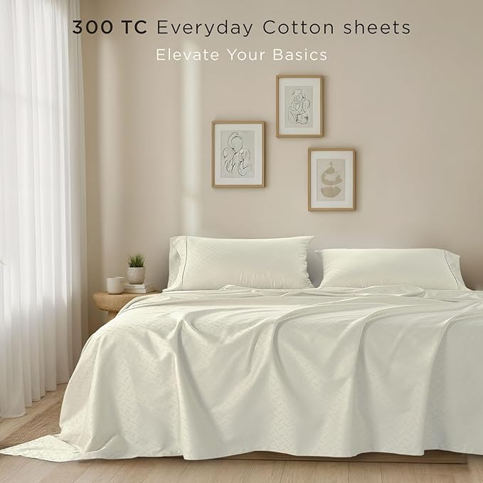 Threadmill Cotton Twin XL Sheet Set | 100% Cotton Sheets for Twin XL Size Bed | Damask Jacquard Sateen Twin XL Bed Sheets Set with 16” Deep Pocket | Soft Breathable 3-Piece Cooling Sheet Set | Ivory