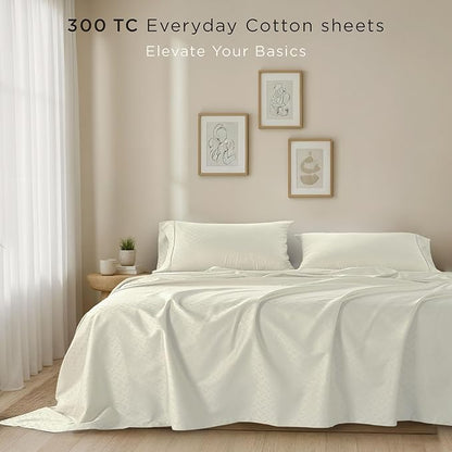Threadmill Cotton Twin XL Sheet Set | 100% Cotton Sheets for Twin XL Size Bed | Damask Jacquard Sateen Twin XL Bed Sheets Set with 16” Deep Pocket | Soft Breathable 3-Piece Cooling Sheet Set | Ivory