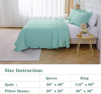 Spa Blue White Ruffle Gingham Quilt Set Queen Size with 2 Pillow Shams, 100% Washed Cotton Yarn-Dyed Quited Bedspread Farmhouse Bedding Set (Spa Blue, Queen) | Ruffle, gingham sheets