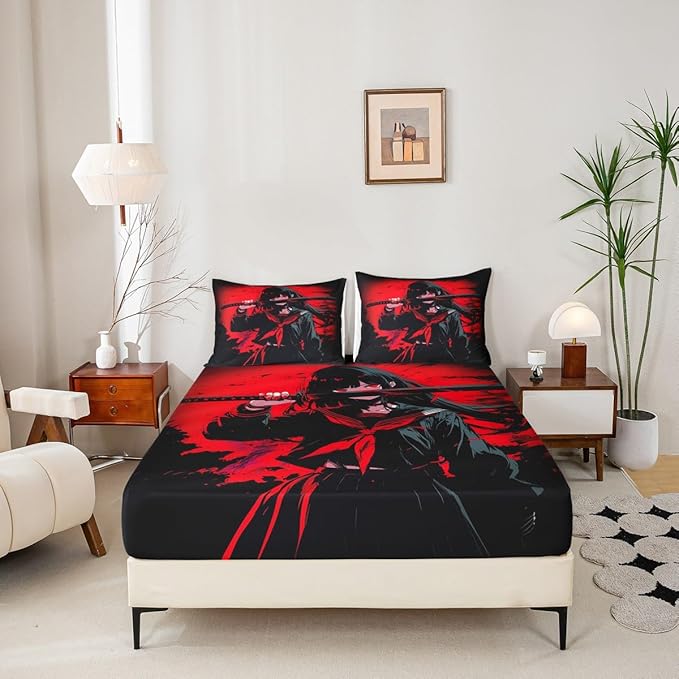 Erosebridal Japanese Anime Bedding Set for Kids, Anime Girl Fitted Sheet Queen Size Japanese Girl Bed Sheets for Girls Teens Adult, Kawaii Animation Red Black Sheets, Machine Washable