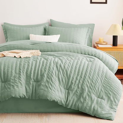 CozyLux King Size Comforter Set Sage Green Seersucker 7 Pieces Bed in a Bag King Comforter Set with Sheets, Luxury Bedding Sets with Down Alternative Comforter, Sheets, Pillowcases & Shams All Seasons