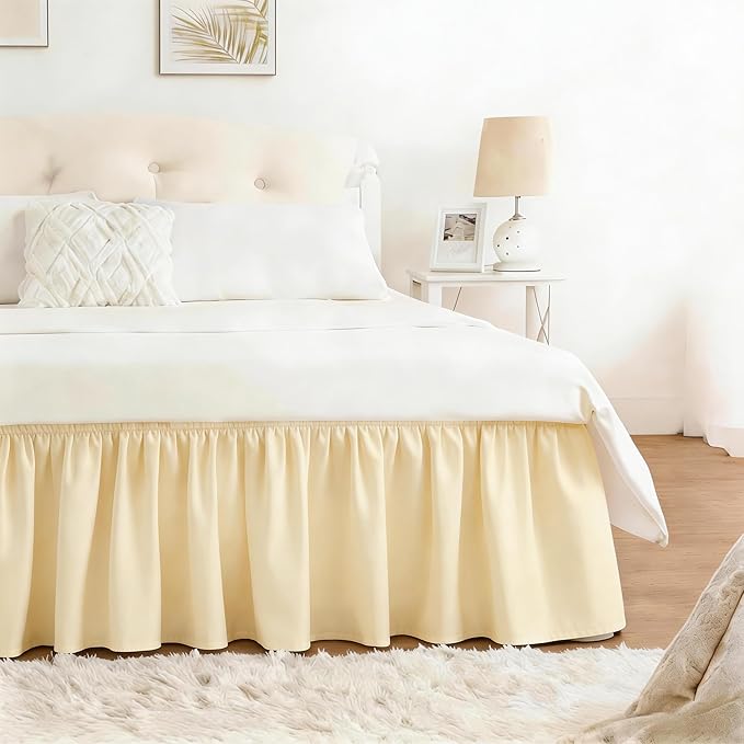 RIMELA Butter Yellow Bed Skirt Queen Size 15 Inch Drop, Elastic Bed Skirting for Bed Base and Frame, Bedding Dust Ruffle Easy to Install, Lightweight Comforter Set with Wrap Around Adjustable Bedskirt