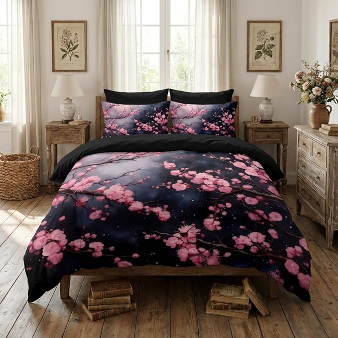 Japanese Cherry Blossoms Comforter Set King Size, Pink Black Farmhouse Country Bedding Set for Adult Women, 3Pcs Soft Microfiber Quilted Set with 2 Pillowcases, 104"x90"