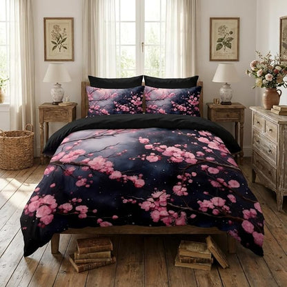 Japanese Cherry Blossoms Comforter Set King Size, Pink Black Farmhouse Country Bedding Set for Adult Women, 3Pcs Soft Microfiber Quilted Set with 2 Pillowcases, 104"x90"