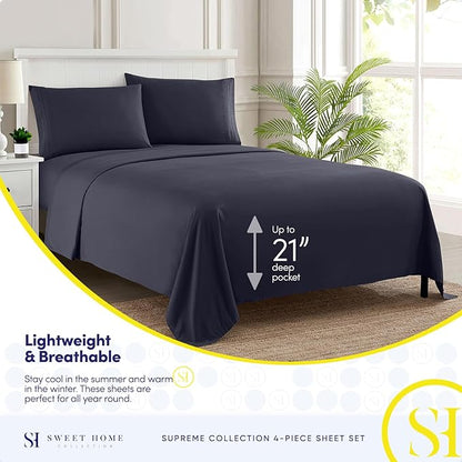 Queen Size Bed Sheets - Breathable Luxury Sheets with Full Elastic & Secure Corner Straps Built In - 1800 Supreme Collection Extra Soft Deep Pocket Bedding, Sheet Set, EXTRA DEEP pocket - Queen, Navy