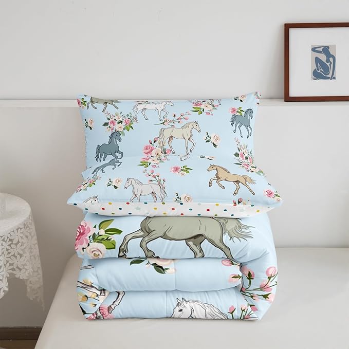 Horse Quilt Full Size, Farmhouse Western Cowboy Cowgirls Duvet Insert for Kids Boys Girls Teens, Cartoon Kawaii Horse Bedding Set, Rustic Rose Floral Comforter Set + 2 Pillow Cases