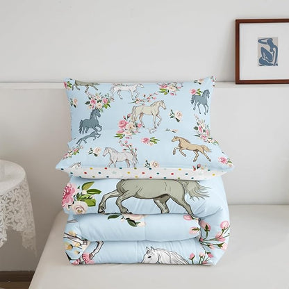 Horse Quilt Queen Size, Farmhouse Western Cowboy Cowgirls Duvet Insert for Kids Boys Girls Teens, Cartoon Kawaii Horse Bedding Set, Rustic Rose Floral Comforter Set + 2 Pillow Cases