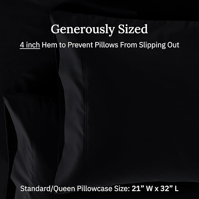 California Design Den Premium Pillow Cases Queen Size Set of 2-600 Thread Count Sateen, Natural 100% Cotton Pillow Cases Standard/Queen, Crisp, Durable Bedding - Black
