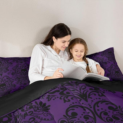 Feelyou Adults Gothic Skull Bedding Set King Size Kids Damask Print Comforter Goth Bohemian Duvet Breathable Soft Lightweight Microfiber Black Purple Room Decor with 2 Pillowcases