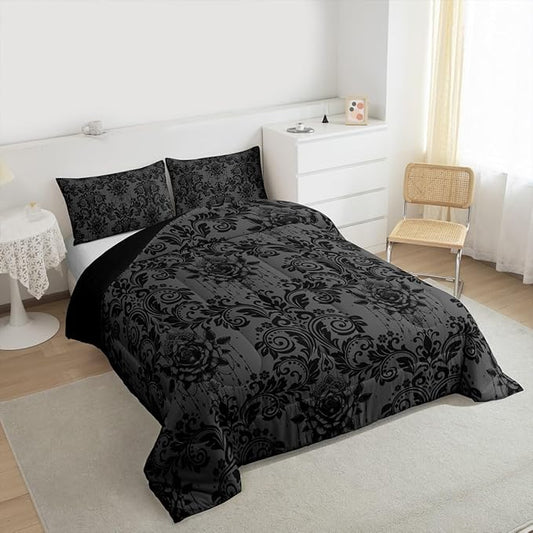 Feelyou Adults Gothic Comforter Set All Season Dark Olive Green Damask Bedding Set with 2 Pillow Cases Vintage Rose Microfiber Kids Full Bedroom Decor Duvet Quilt Breathable Soft Lightweight