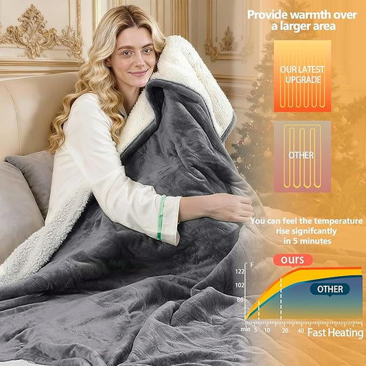Electric Heated Blanket Twin Size 62''x84'' -Control Heating Blanket, Soft & Warm Flannel 10-Level Temperature Control, 8 Hours Auto Off, Rapid Heating & Overheat Protection