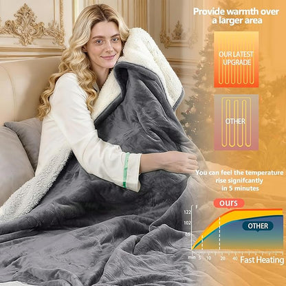 Electric Heated Blanket Throw Size 50''x60''-Control Heating Blanket, Soft & Warm Flannel 10-Level Temperature Control, 8 Hours Auto Off, Rapid Heating & Overheat Protection