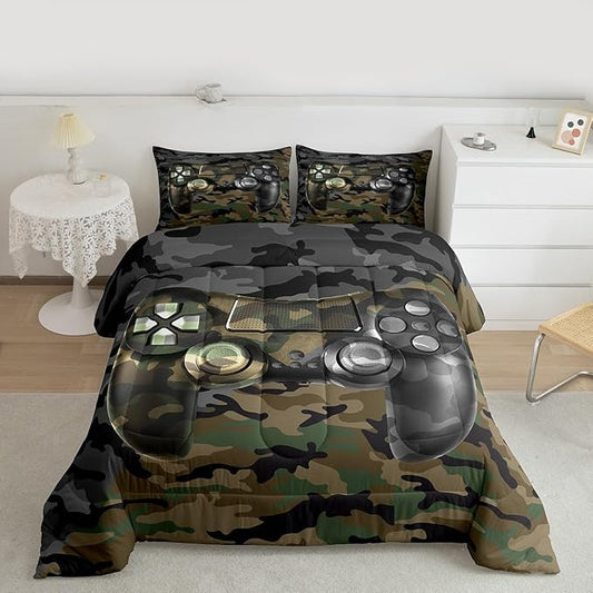 Feelyou Kids Gamer Comforter Set Camouflage Gaming Bedding Set for Boys Teens Bedroom Green Black Camo Video Game Decor Comforter Gamer Console Quilt Set Queen Size Duvet Quilted 3Pcs