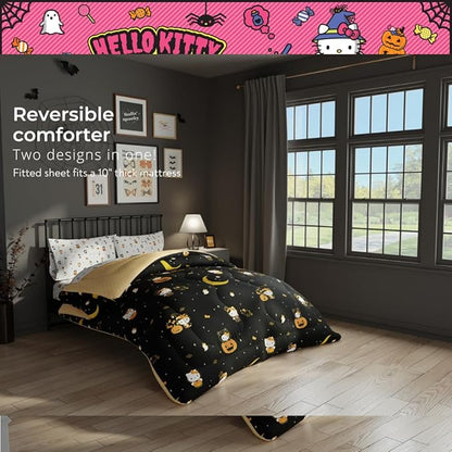 Sanrio Hello Kitty Halloween Pumpkin Queen Bed Set – Super Soft & Cozy 5 Piece Reversible Comforter and Sheet Set (Officially Licensed Product) by Franco