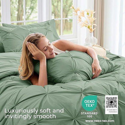 Sasttie California King Comforter Set, 7-Piece Bed in a Bag Cal King, Pintuck Bedding Set for All Season, Includes Comforter, Flat Sheet, Fitted Sheet, Pillowcases and Pillowshams, Sage Green