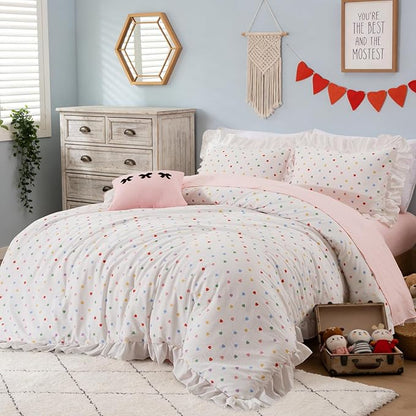 A Nice Night Colorful Heart Love Pattern Bedding Set,Ruffle 6 Piece Bed in a Bag Matching Sheet Set,Princess Chic Style,White Comforter Sets Room Decor for Girls,Queen