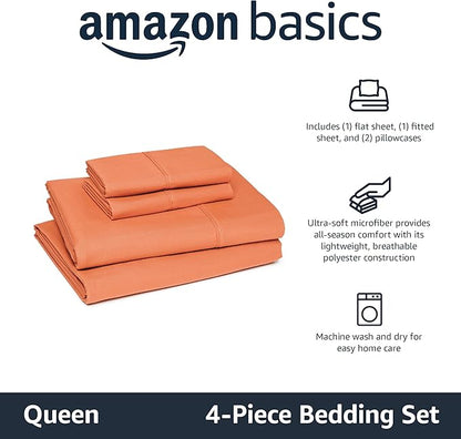 Amazon Basics Lightweight Breathable Microfiber 4-Piece Bed Sheet Set, Brick, Solid, Queen