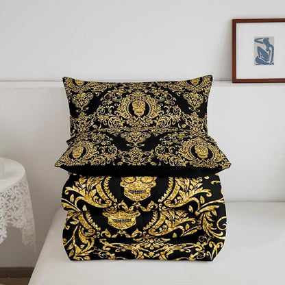 Feelyou Adults Golden Vintage Damask Floral Comforter Set Oriental Antique Comforter King Size Gothic Bohemia Boho Bedding Set Exotic Sugar Skull Duvet Set Quilt Set 3Pcs