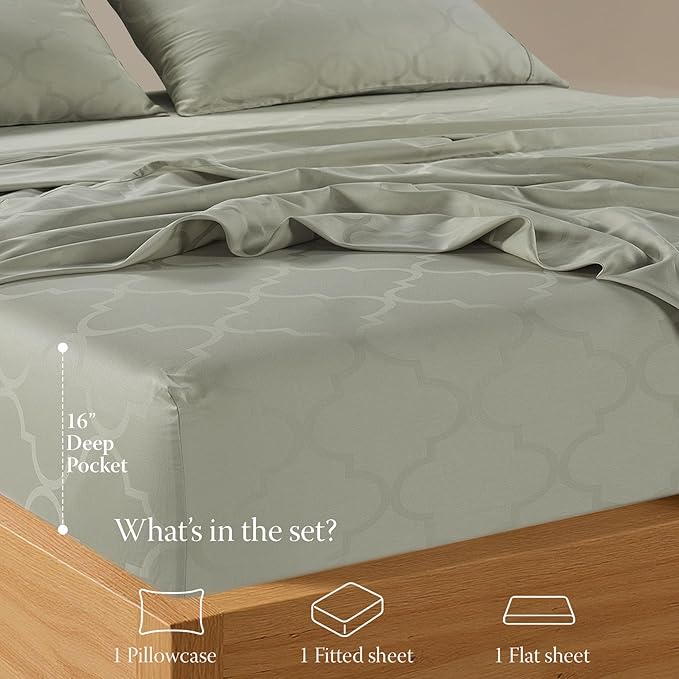 Threadmill Cotton Twin Sheet Set | 100% Cotton Sheets for Twin Size Bed | Damask Jacquard Sateen Twin Bed Sheets Set with 16” Deep Pocket | Soft Breathable 3-Piece Cooling Sheet Set | Sage