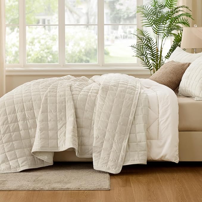 BEDELITE Velvet Quilt Set Queen Size - Luxury Velvet Comforter Bedding Set 3 Pieces, Soft Cozy Cream White Oversized Bedspread Coverlet for All Seasons with 2 Pillow Shams