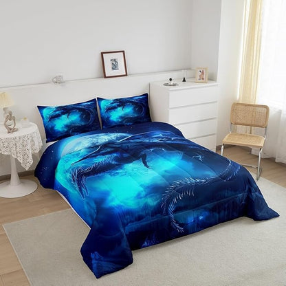 Dragon Moon Comforter Set Queen Size,Wildlife Magical Dinosaur Bedding Set for Kids Boys Girls Room Decor,3D Blue Dragon Printed Duvet Insert 3Pcs,Microfiber Soft Trippy Quilt Set,2 Pillowcases